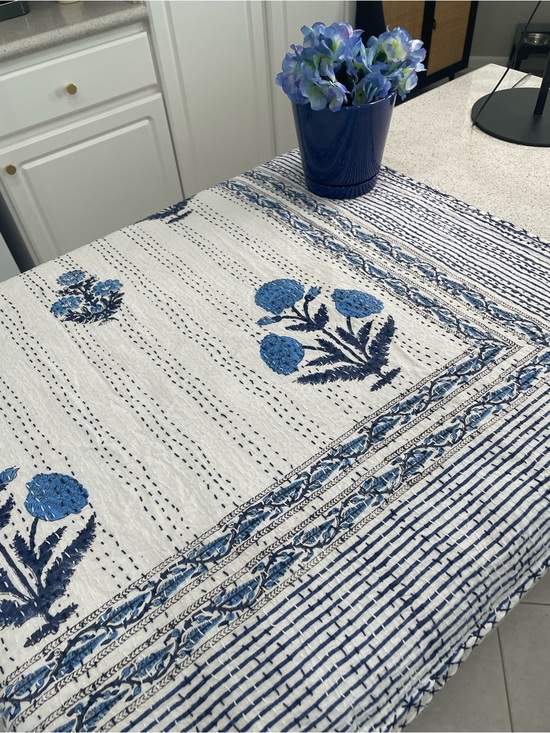Kantha Other - Kantha Blue/White Floral Quilt Top Queen Size 90 X 108 hand stitched